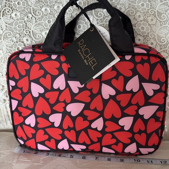 NWT Rachel Roy Red Pink Heart Pattern hanging valet cosmetic travel case Bag zip - Picture 7 of 12